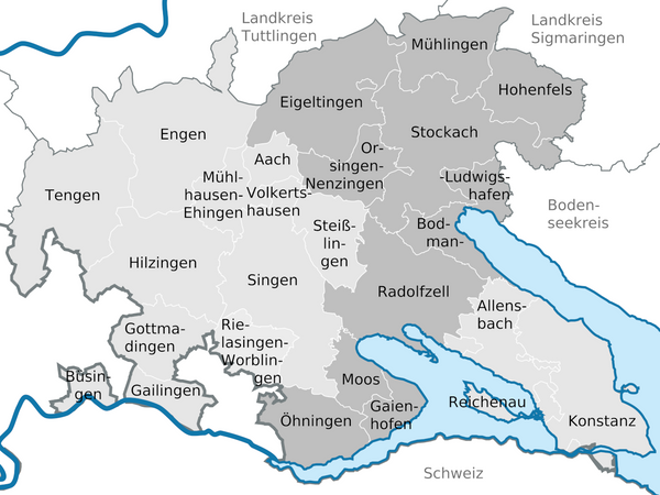 Quelle: K2030 Bodensee-Hegau based on Municipalities_in_KN.svg based on work of Hagar66 based on work of TUBS - Permission is granted to copy, distribute and/or modify this document under the terms of the GNU Free Documentation License, Version 1.2 or any later version, https://en.wikipedia.org/wiki/en:GNU_Free_Documentation_License